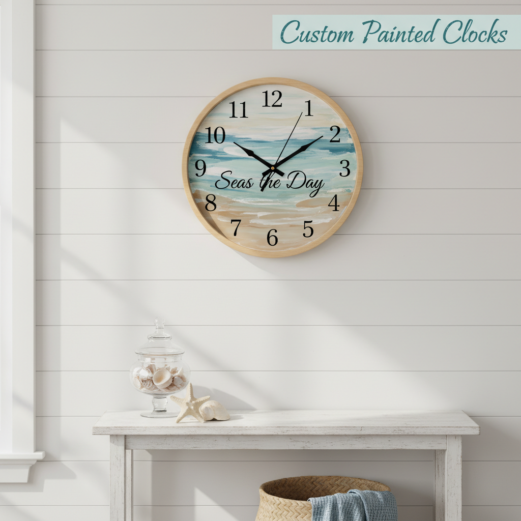 Custom Painted Clocks Workshop - Seas the Day clock on shiplap wall